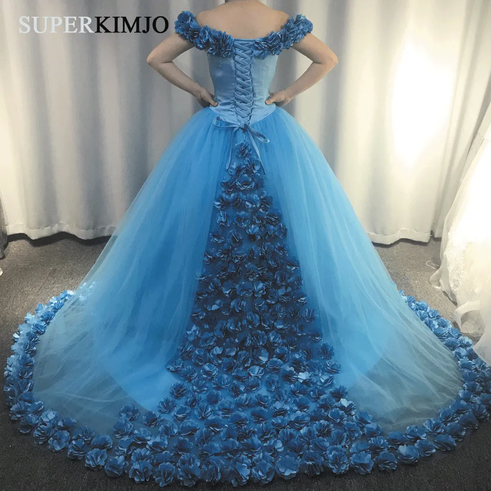 2020 off the shoulder wedding dress ball gown 3d flowers elegant tulle princess wedding gown vestido de nova