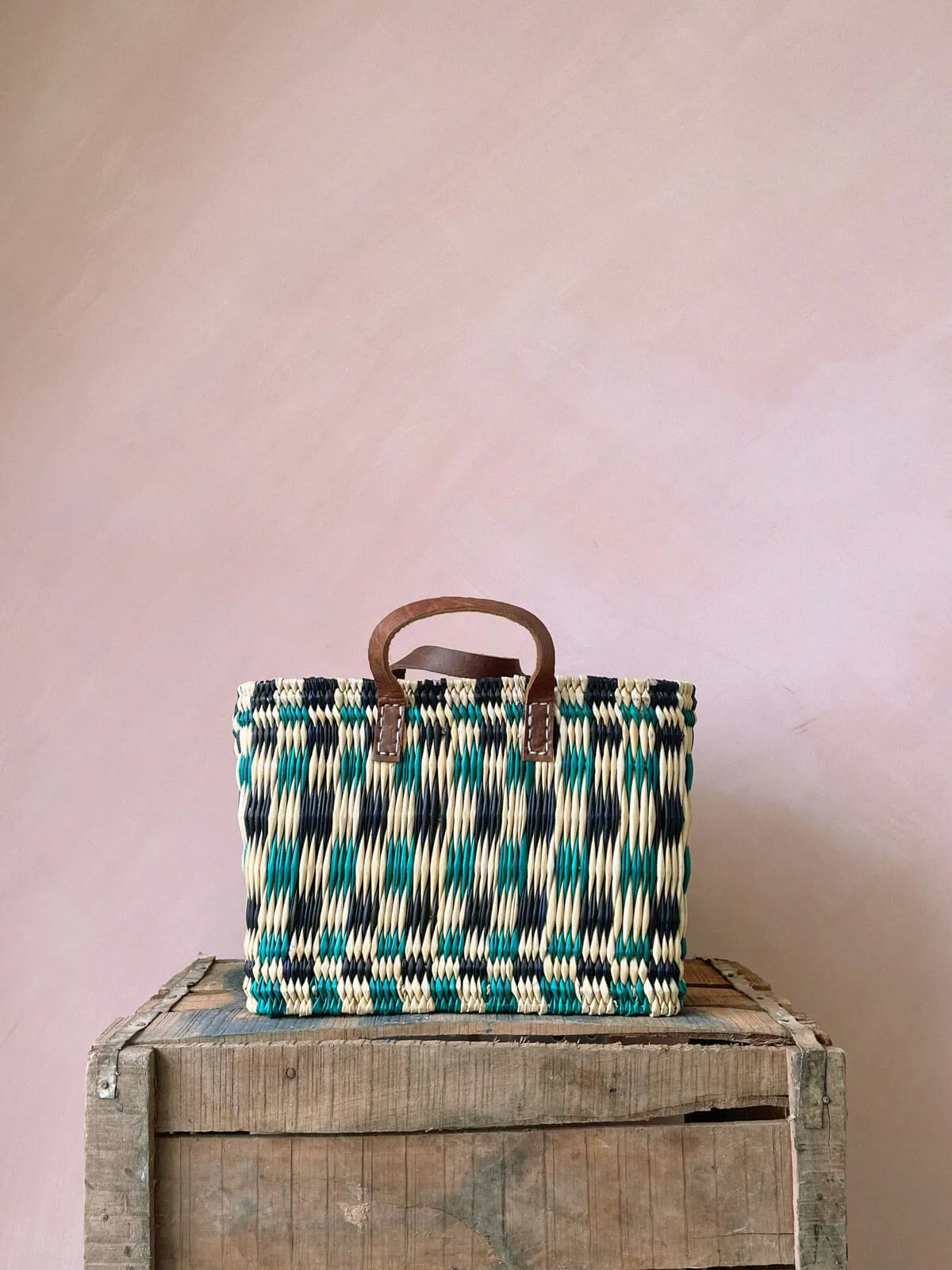 Chequered Reed Basket, Indigo   Green