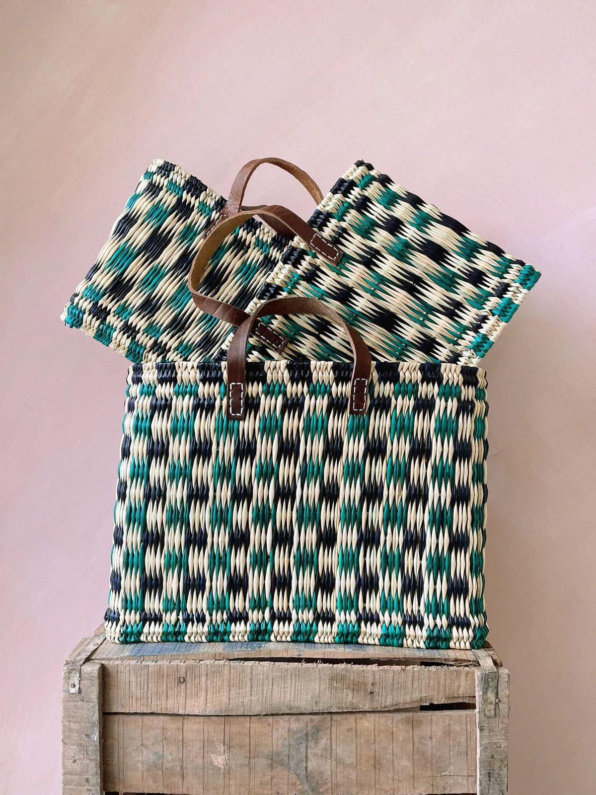 Chequered Reed Basket, Indigo   Green