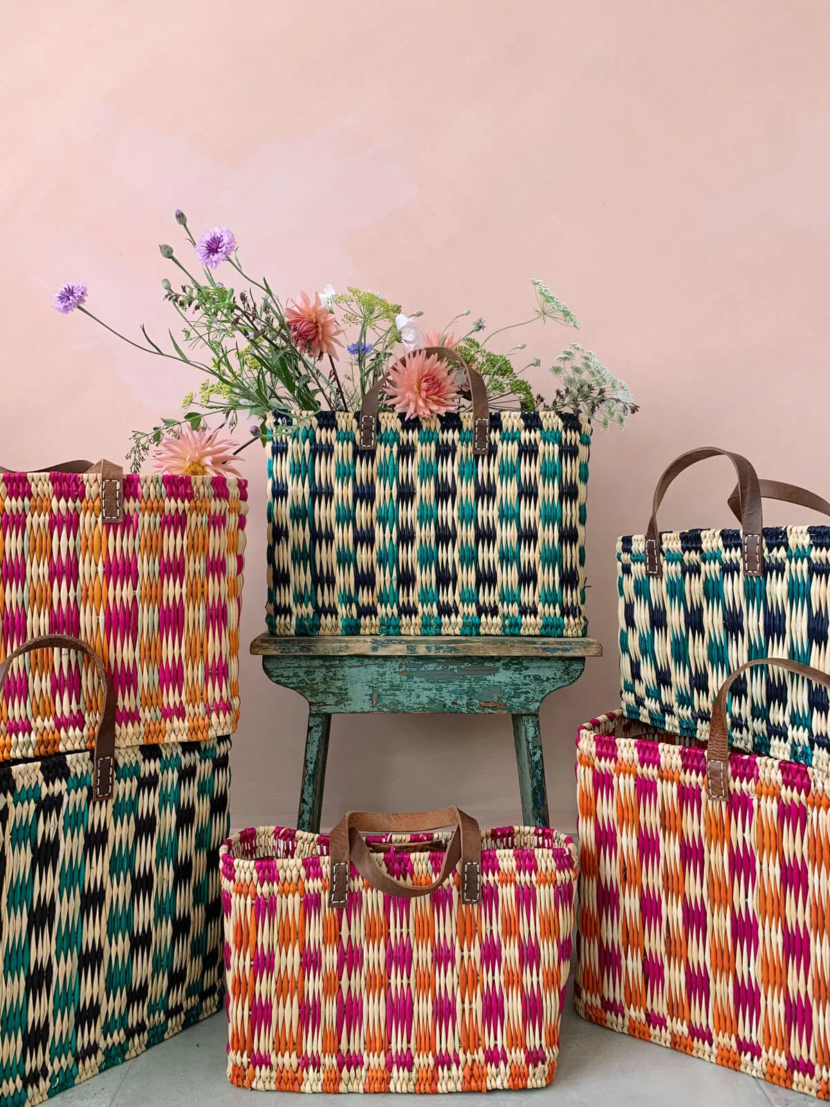 Chequered Reed Basket, Indigo   Green