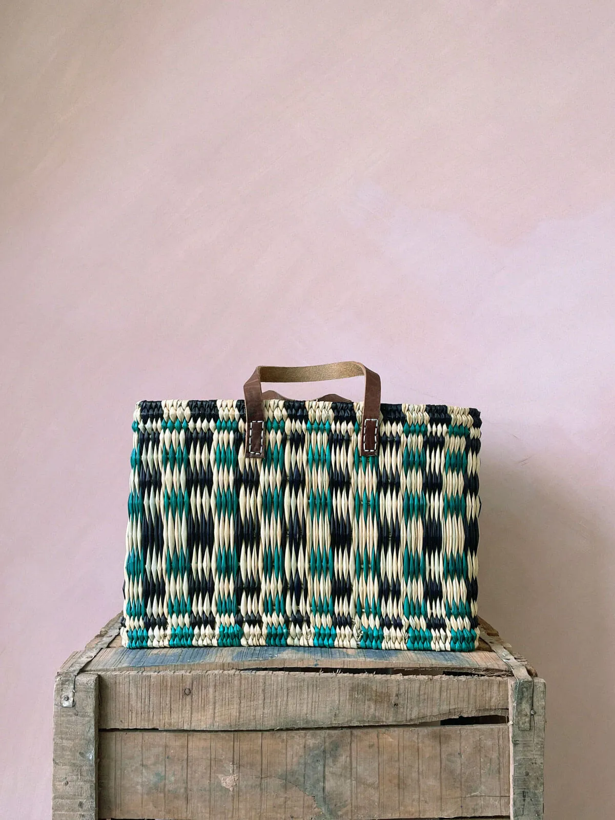 Chequered Reed Basket, Indigo   Green