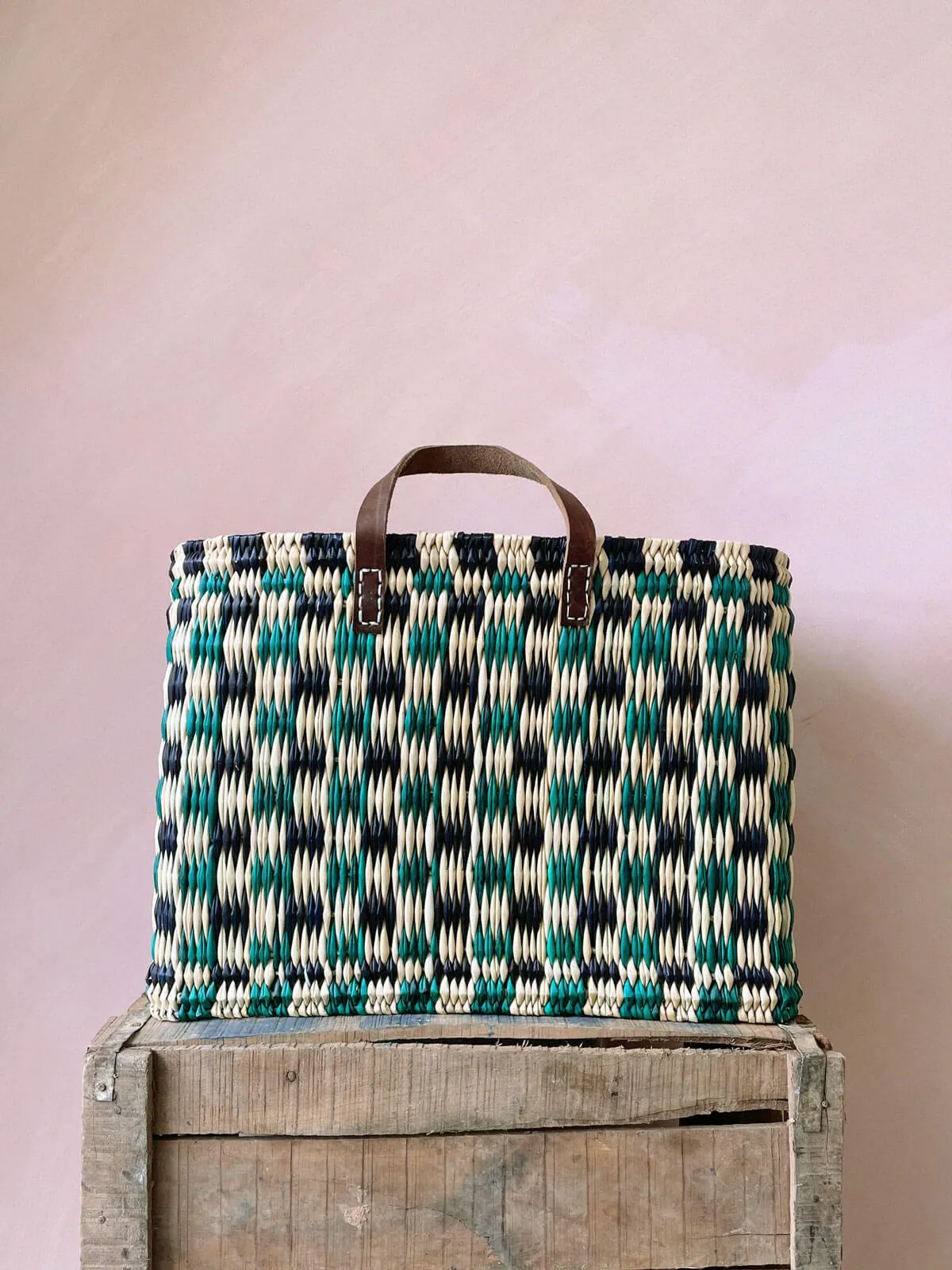 Chequered Reed Basket, Indigo   Green