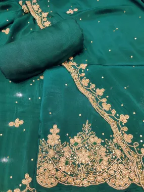 Dark Green Chinon Drape Unstitched Suit With Beads And Cutdana Handwork