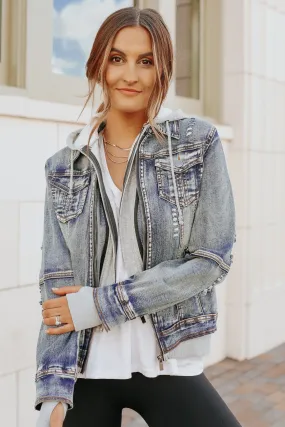 Denim Jacket with Hoodie: Medium Wash Sweatshirt Jean Style