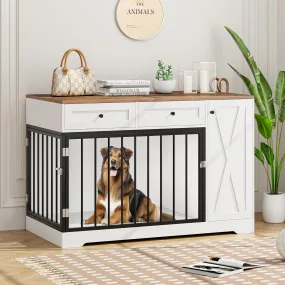 Dog Crate Furniture Kennel with Double Doors Wooden Pet House with 2 Drawers and Storage Cabinet, Indoor Dog Cage Farmhouse Modern Side End Table for Small Medium Dogs, White