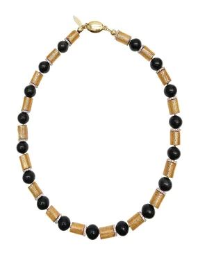 Golden Coral With Black Obsidian Classic Style Necklace NN001