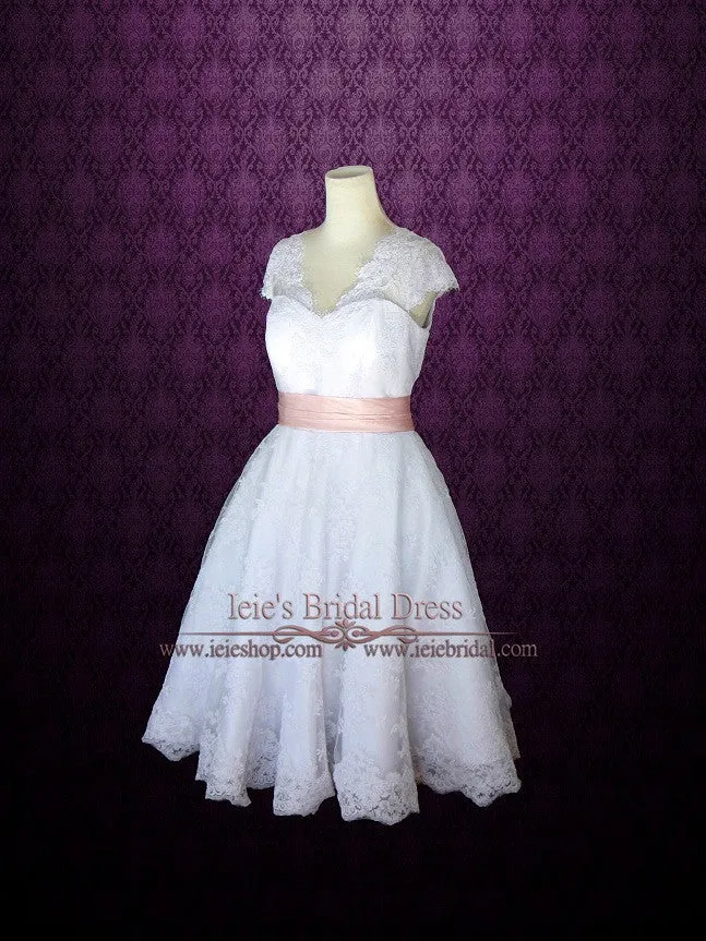 Retro 50s Tea Length Lace Wedding Dress with Short Sleeves CHERRY