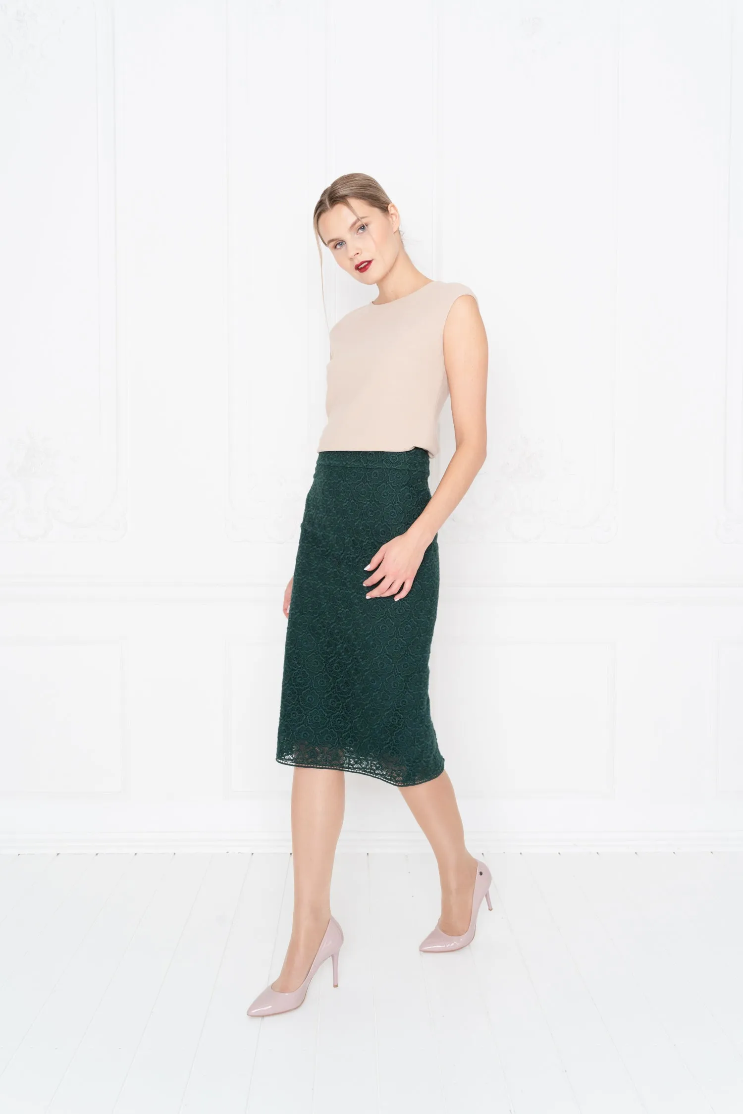 RUBIA DEEP GREEN LACE PENCIL SKIRT