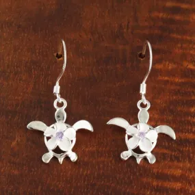 Sterling Silver 8mm Plumeria with Purple CZ on Honu (Hawaiian Turtle) Hook Earrings