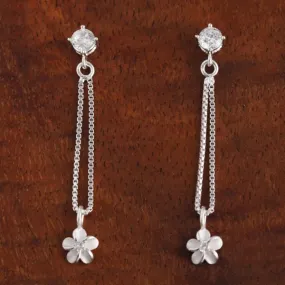 Sterling Silver CZ and Box Chain Plumeria Post Earrings